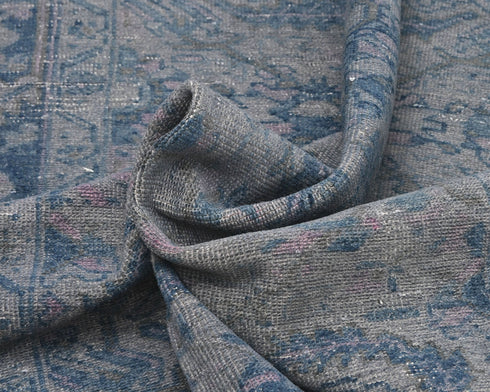 9 Ft Vintage Gray Blue Persian Style Distressed Hand Knotted Low Pile Wool Runner Rug